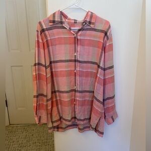 Liz Claiborne Pink Plaid Linen Button Up Top Roll Tab Sleeves Mother of Pearl M